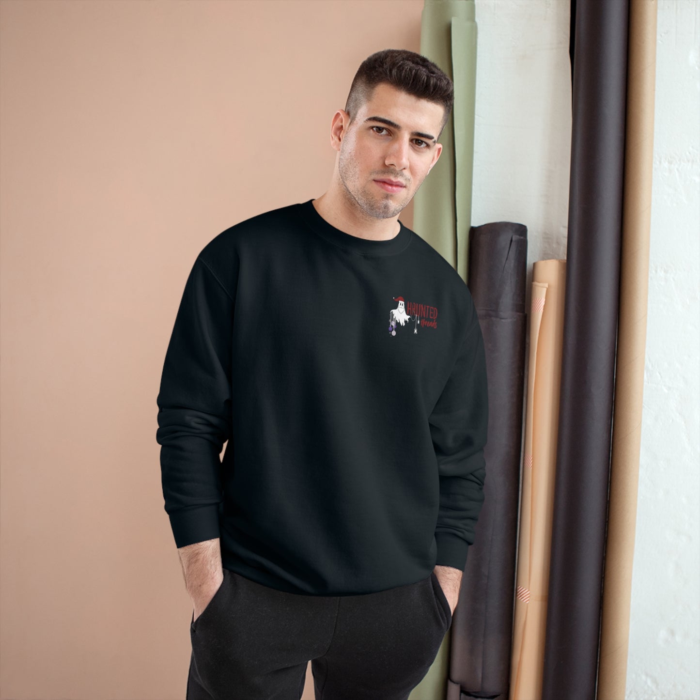 Haunted Threads Holiday Crew Sweatshirt - subtle logo spooky back| Champion Eco Crewneck