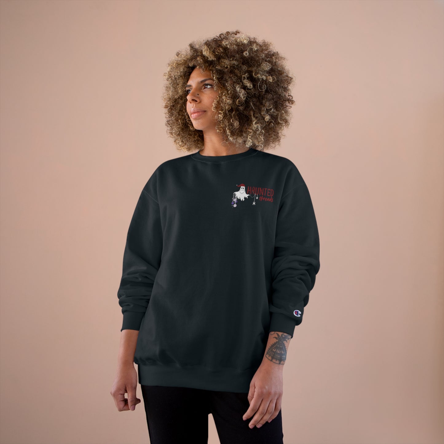 Haunted Threads Holiday Crew Sweatshirt - subtle logo spooky back| Champion Eco Crewneck